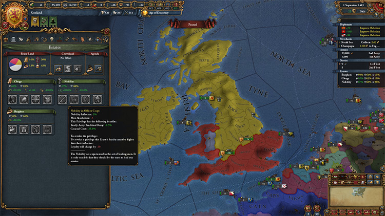 Aftermath of the second war. You can see my assigned estate privileges on the left. / EU4