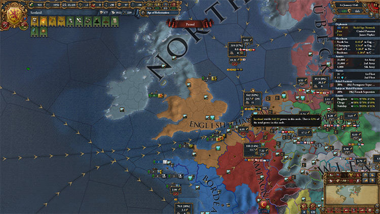 Scotland controlling all Centers of Trade in the Channel, except the ones in the Lowlands. You can see the merchant setup in the top right. / EU4