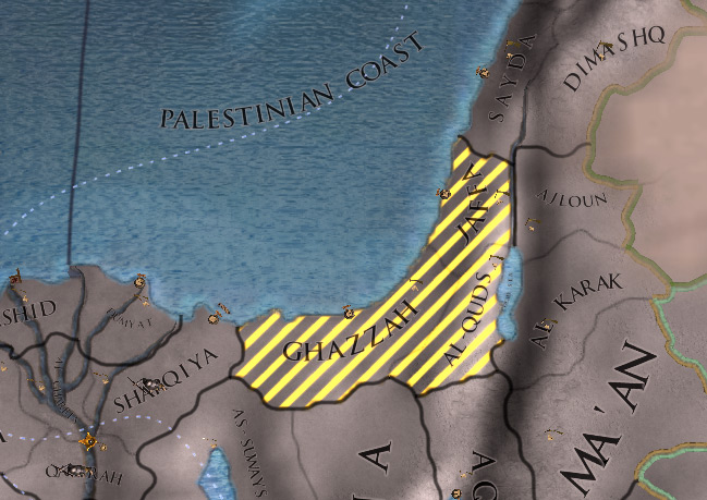 The Palestine area (yellow stripes) has the three required provinces. Here, they’re currently using their Arabic names / EU4