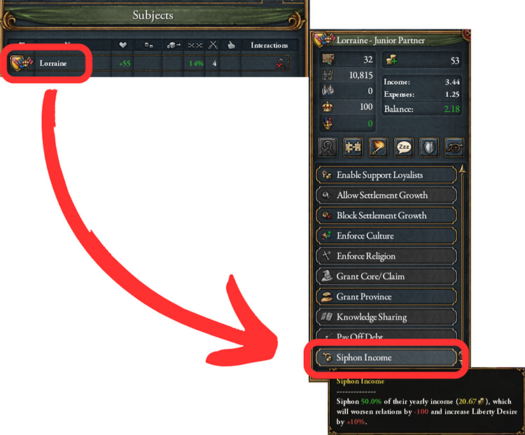 Siphon Income from Lorraine in the Subjects Interaction options / EU4