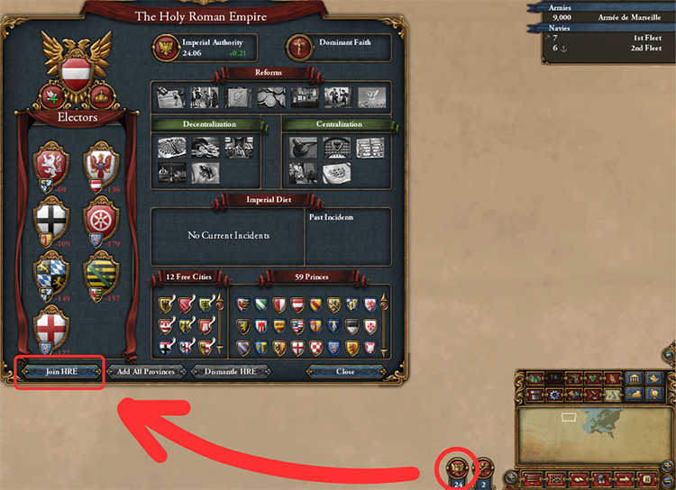 Click the Imperial Eagle button (hotkey: F4) next to the minimap to open the HRE panel, then press the “Join HRE” button / EU4