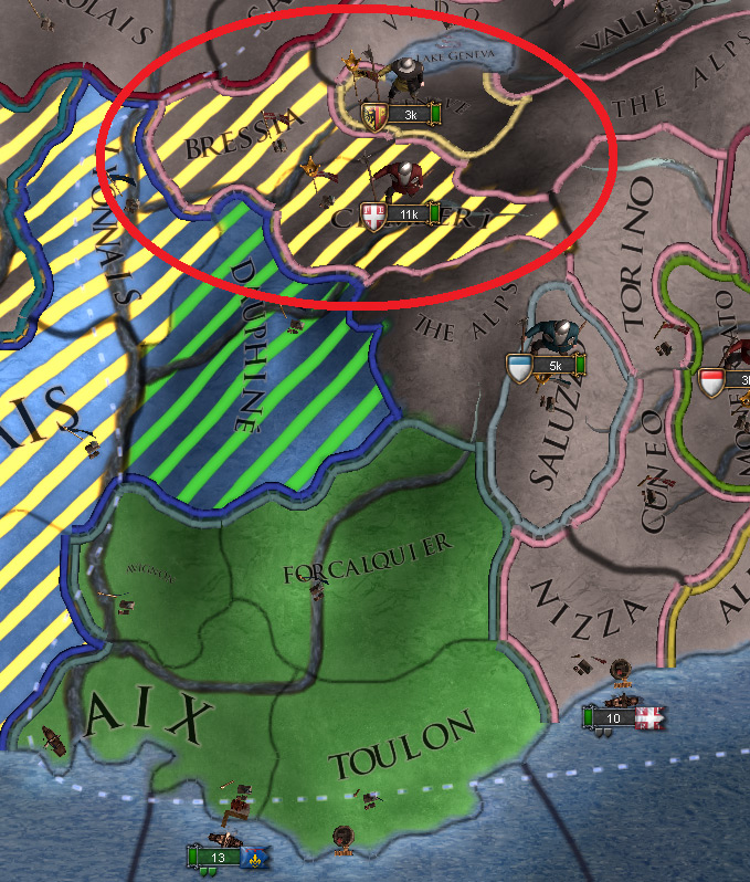 Permanent claims (yellow stripes) with Bressia and Ciamberi (encircled) / EU4