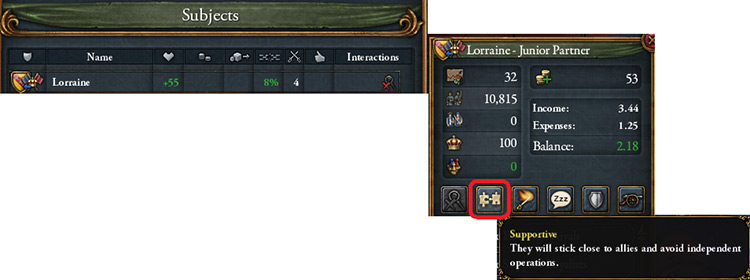 Set Lorraine’s combat focus to “Supportive” in the Subject Interaction screen / EU4