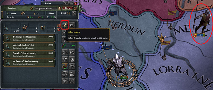 Toggle the “Allow Attach” option on your mercs so Lorraine (circled) can link up with them / EU4