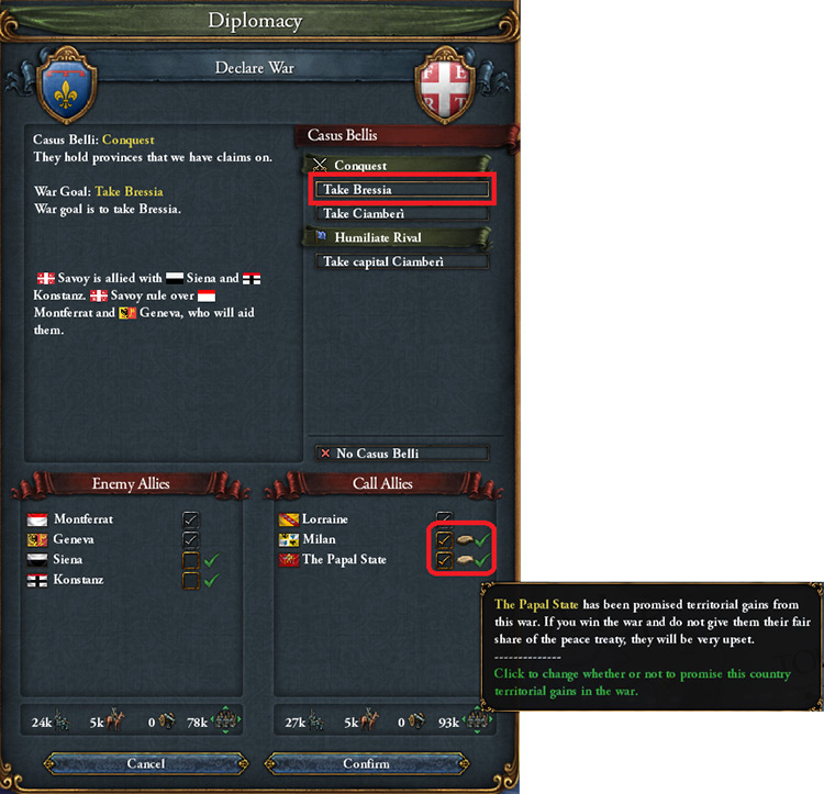 Select Bressia as the war goal, and toggle the “Promise Land” icon next to the check box for your allies / EU4