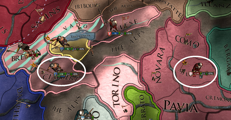 Siege Ciamberi while Savoy’s busy with Milan. (The enemy army on Bressia is exiled as indicated by the black flag next to their morale, so they’re harmless.) / EU4
