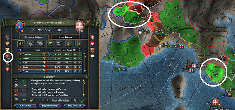 Take Bressia and Ciamberi, and give Siena to the Pope. You’ll gain favors with them as indicated by the green thumbs up next to their icon / EU4