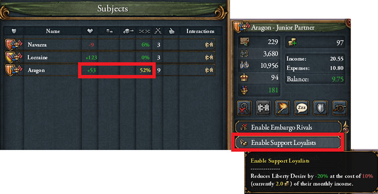 Aragon’s liberty desire is at 52%. Reduce that by improving relations with them. And use “Enable Support Loyalists” in the Subject Interaction screen / EU4