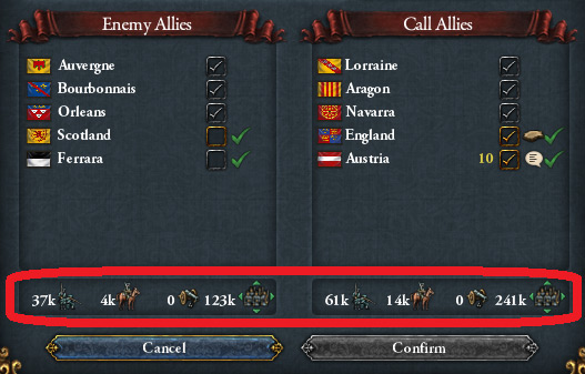 Provence and co. (right) having the numerical advantage over France and their allies (left) / EU4