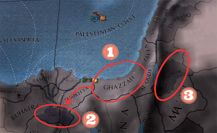 Gaza (1), Qahirah (2), and Al-Kerak (3) / EU4