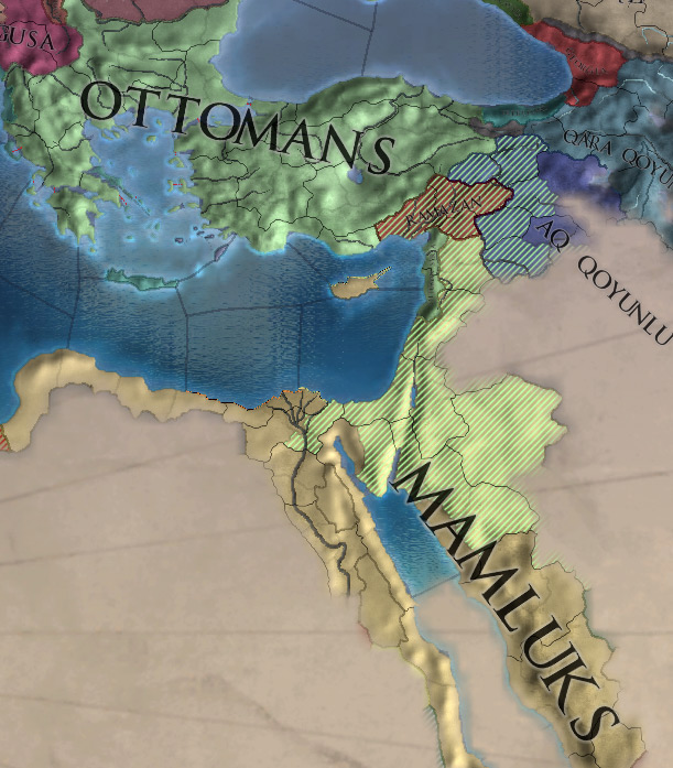 In this example, the Mamluks are allied with Aq Qoyunlu, who are at war with the Ottomans. The green stripes are provinces occupied by the Ottomans / EU4