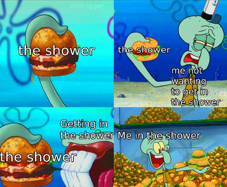 Squidward loves krabby patties in shower