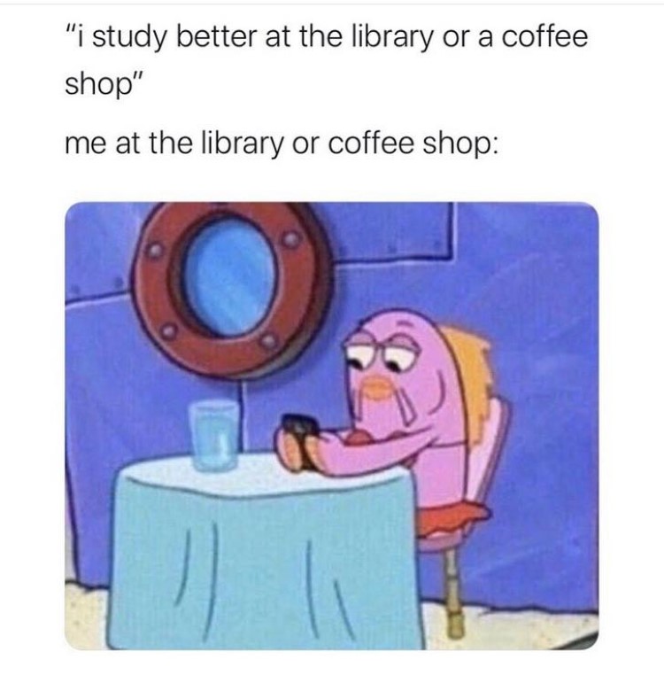 Studying at library SpongeBob meme