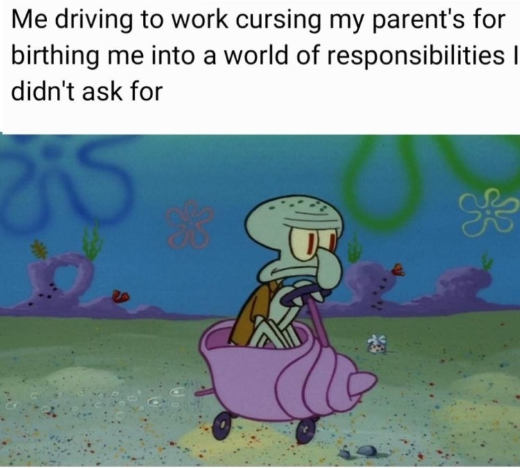 Squidward unhappy driving to work meme