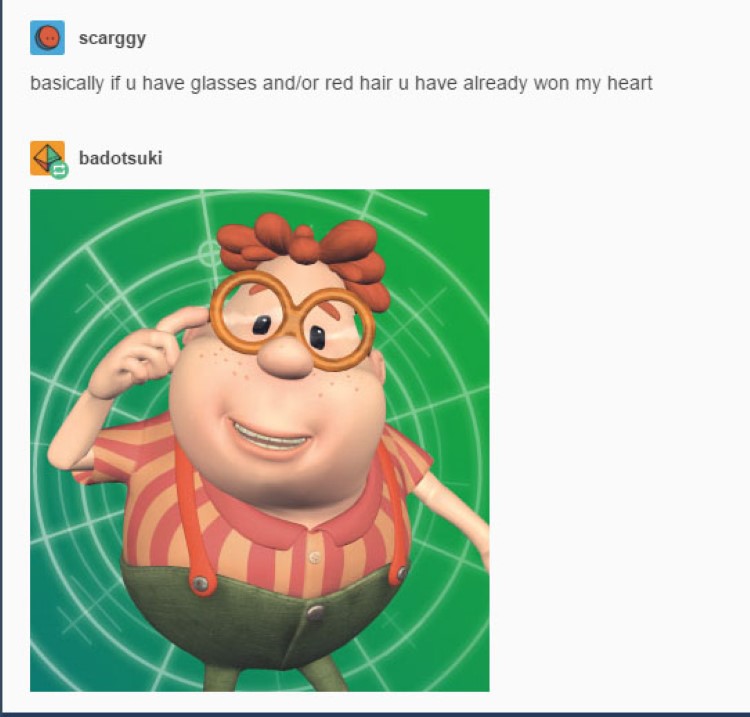 Carl Wheezer has red hair and glasses