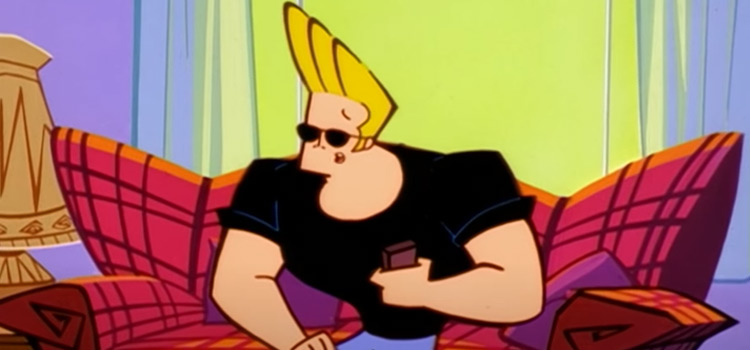 Johnny Bravo sitting in on couch watching TV