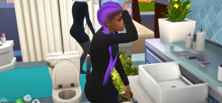 Sims4 girl purple hair in bathroom screenshot