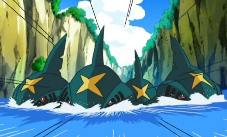 Sharpedo group swimming in the water, anime screenshot