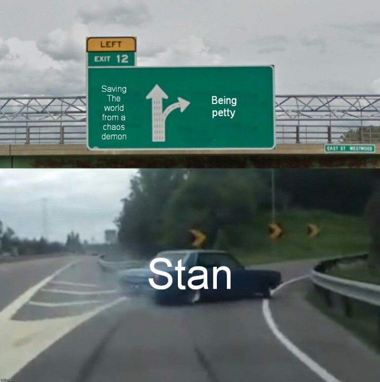 Stan driving off highway being petty