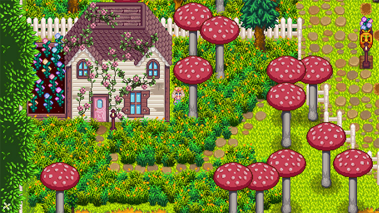 Overgrown fairy style buildings in Stardew