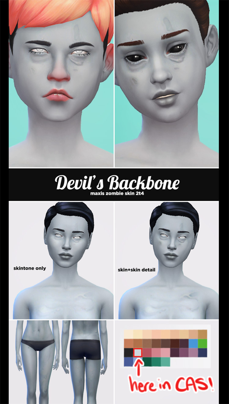 Devil’s Backbone – Maxis Zombie Skin 2T4 by Pyxis for Sims 4