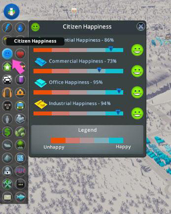 You can check the happiness rating in each zone type by opening the Citizen Happiness info view from the main toolbar. / Cities: Skylines
