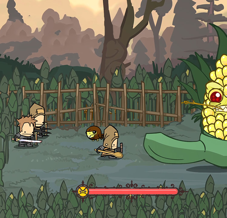 A group of Peasants and Hawkster fighting the Corn Boss / Castle Crashers