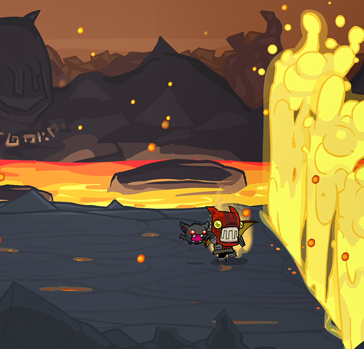 A Fire Demon and Bitey Bat at the “Lava World” level / Castle Crashers