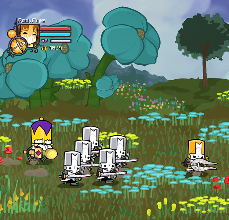 Orange Knight equipped with the Man Catcher, leads the King and his knights / Castle Crashers