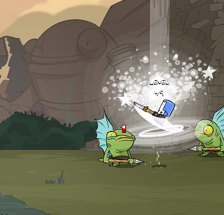 Blue Knight swings his Fishing Spear as he levels up / Castle Crashers