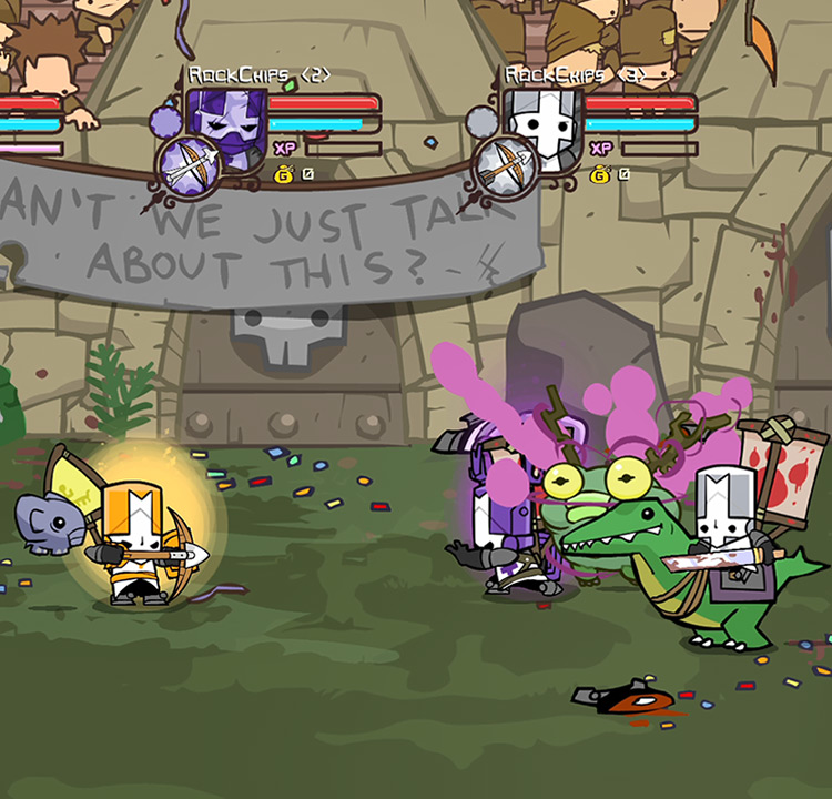 Orange Knight and Snoot battle against a mounted Gray Knight and Blacksmith Castle Crashers