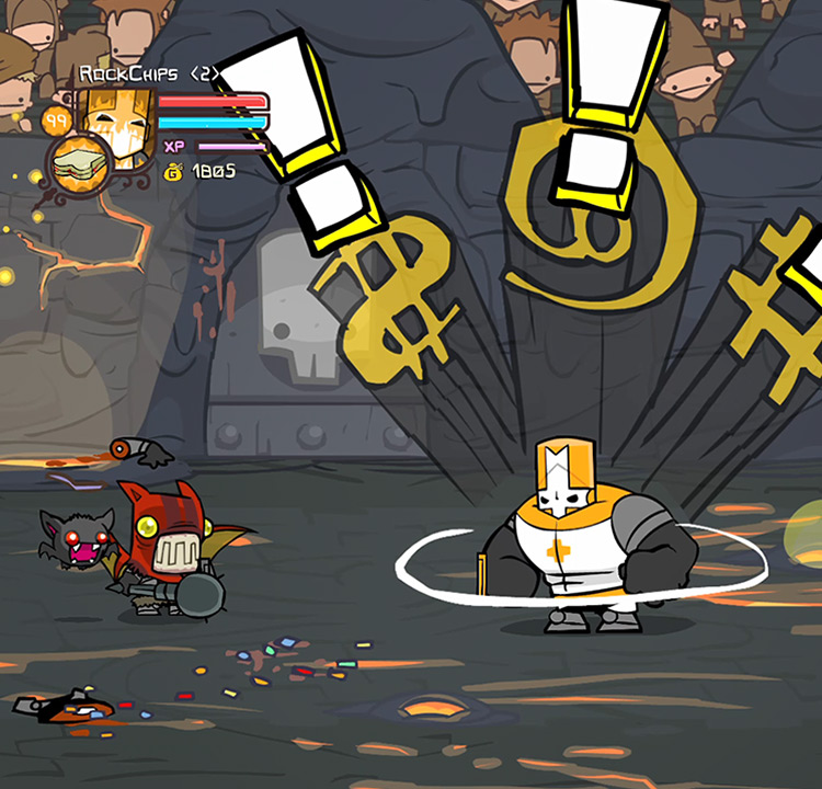 Fire Demon and Bitey Bat prepare themselves against a Beefy Orange Knight Castle Crashers