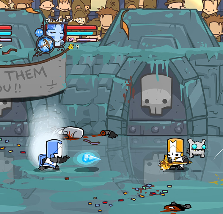 Orange Knight and Yeti prepare themselves against Blue Knight’s Ice Projectile Castle Crashers