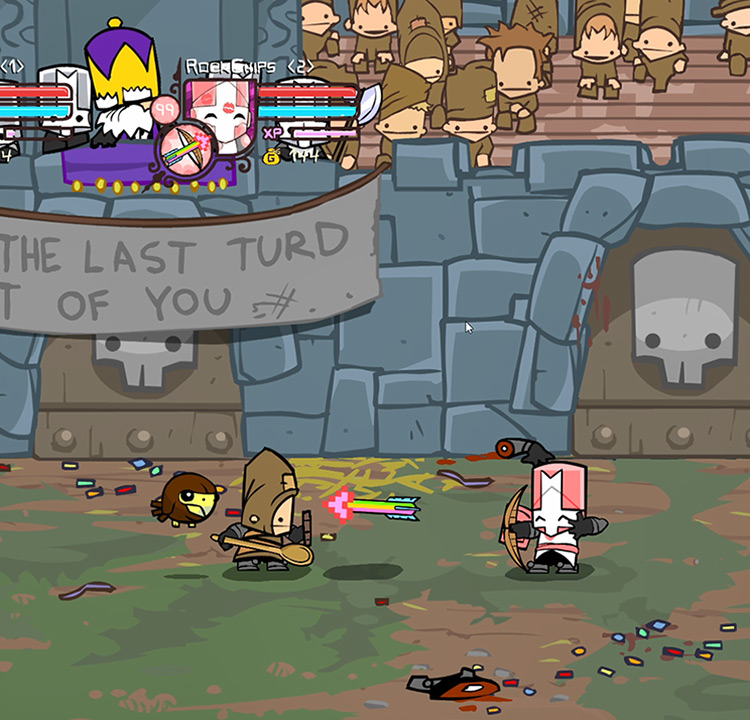 Peasant and Hawkster defend themselves against Pink Knight’s arrow Castle Crashers