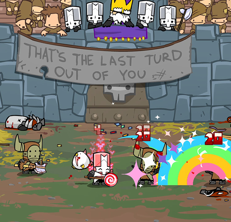 Pink Knight with Chicken fighting a horde of Barbarians Castle Crashers