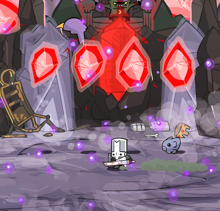 Grey Knight and Snoot underneath floating crystals Castle Crashers