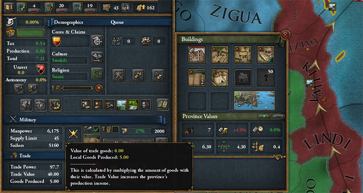 Trade Power, Trade Value, and Goods produced shown on the bottom left. The manufactory being built will raise the goods produced by a flat +1. / EU4