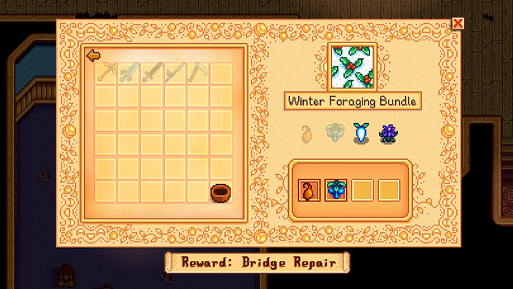 An unfulfilled Winter Foraging Bundle at the Community Center Crafts Room / Stardew Valley
