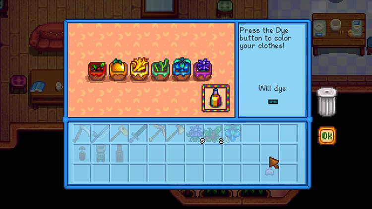 You can use Crocus to dye your clothes at Abigail’s dye pots / Stardew Valley
