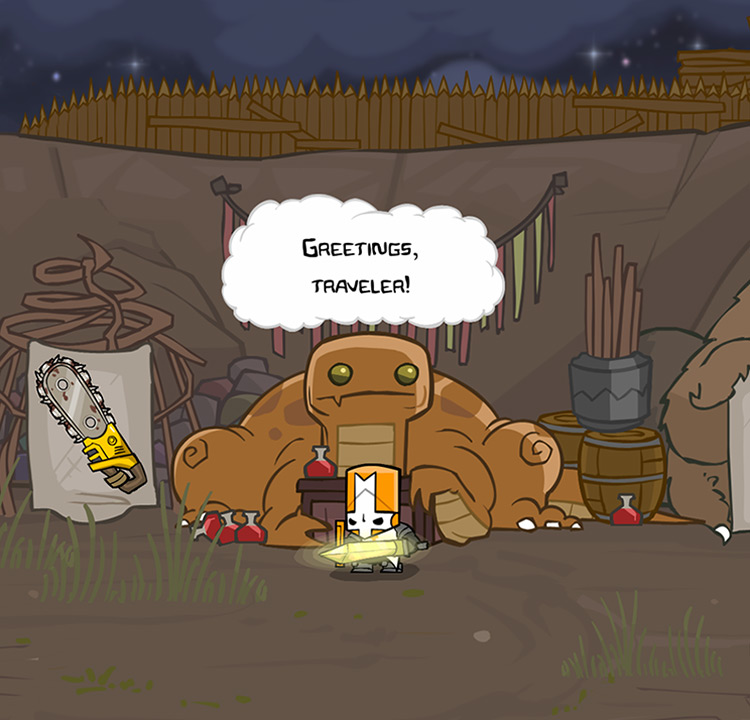 A merchant selling the Chainsaw at the Insane Store Castle Crashers