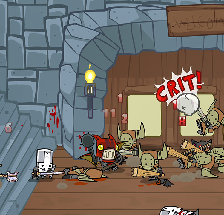 A Fire Demon armed with the Black Morning Star, fighting a horde of Barbarians Castle Crashers