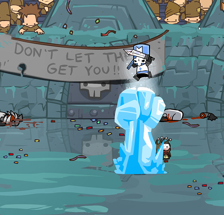 Blue Knight armed with a Gladiator Sword up in the air Castle Crashers