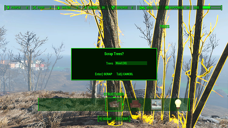 Scrapping a group of trees in crafting mode / Fallout 4