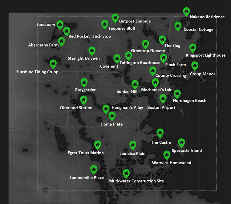 The location of all settlements in the Commonwealth / Fallout 4