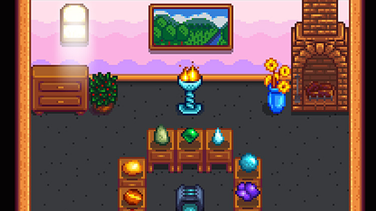 The flame of the blue brazier provides a moderate amount of light. Its crafting recipe can be purchased at the Carpenter’s Shop / Stardew Valley