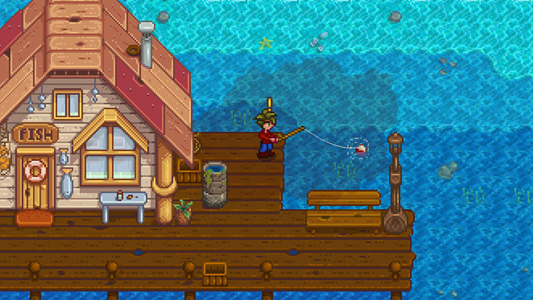 Something just bit the fishing rod. Could it be a sword? / Stardew Valley
