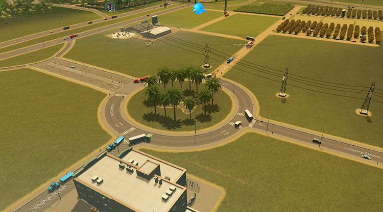 This roundabout helps manage traffic for the trucks transferring materials between the different parts of this farm / Cities: Skylines