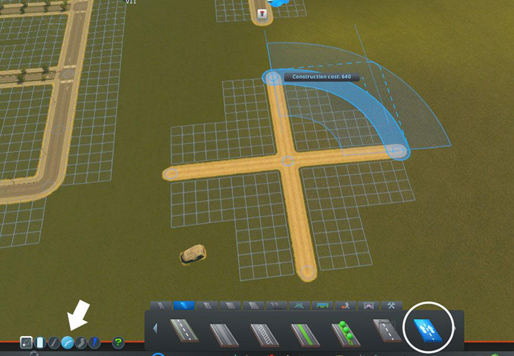Use the curved road tool and a one-way road type to build the actual roundabout. / Cities: Skylines