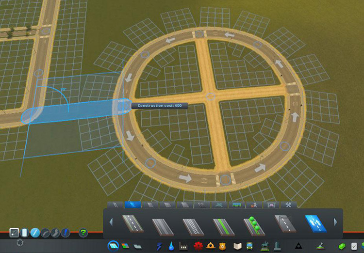 Note: if your city uses right-hand traffic, build the roundabout counter clockwise; if left-hand traffic, build it clockwise. / Cities: Skylines