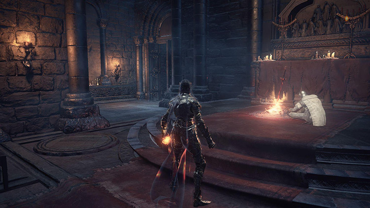 The Cleansing Chapel Bonfire and the shortcut door in the back-left of the room / Dark Souls 3